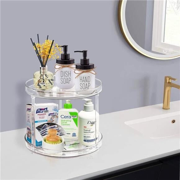 2 Tier Lazy Susan Bathroom Organizer, Clear 360 Rotating Makeup Organizer - Picture 4 of 7